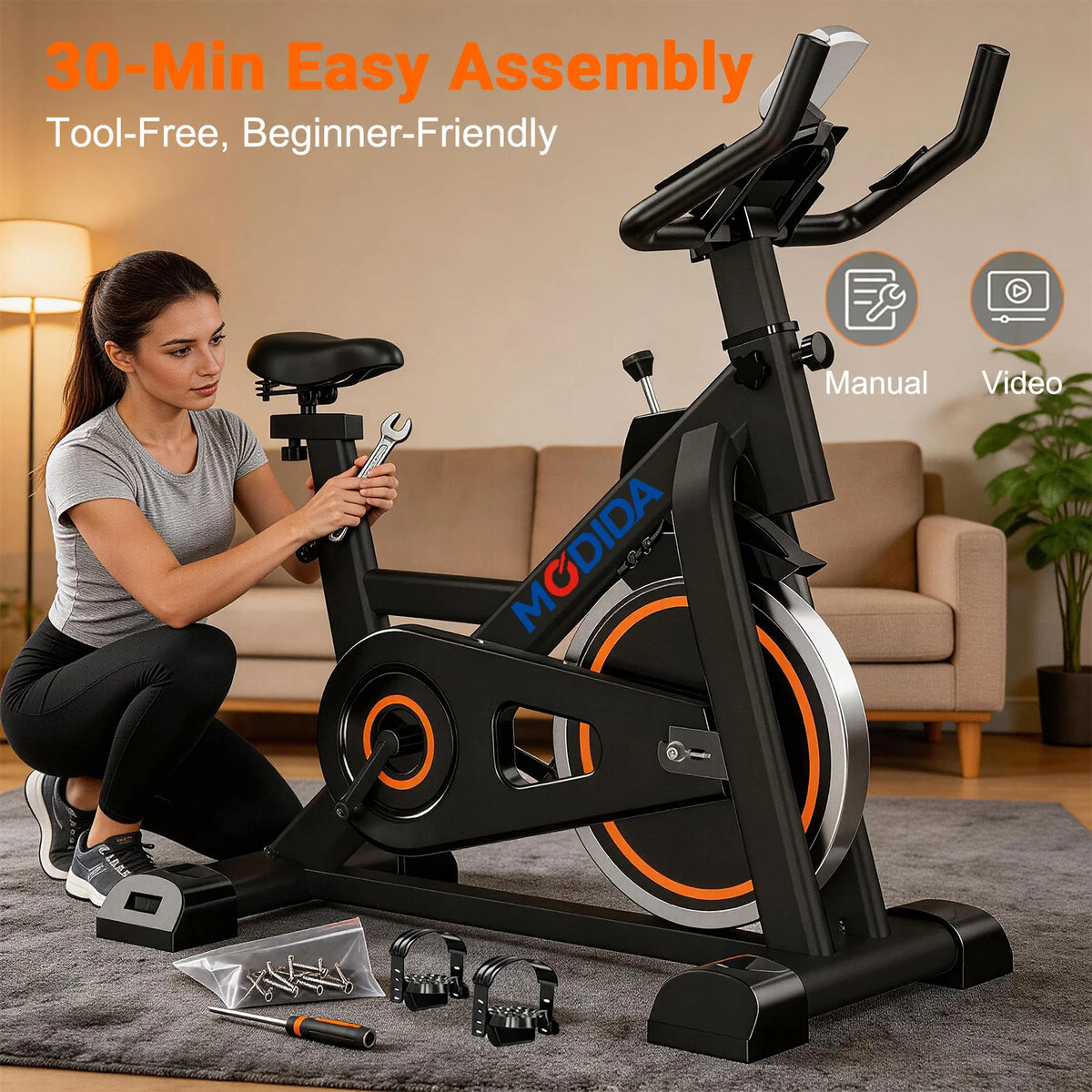 300LBS Load Magnetic Indoor Spin Bike With Built‑in Bluetooth Speaker Ultra Quiet Belt‑Drive Adjustable Resistance Home Stationary Fitness Exercise Bike