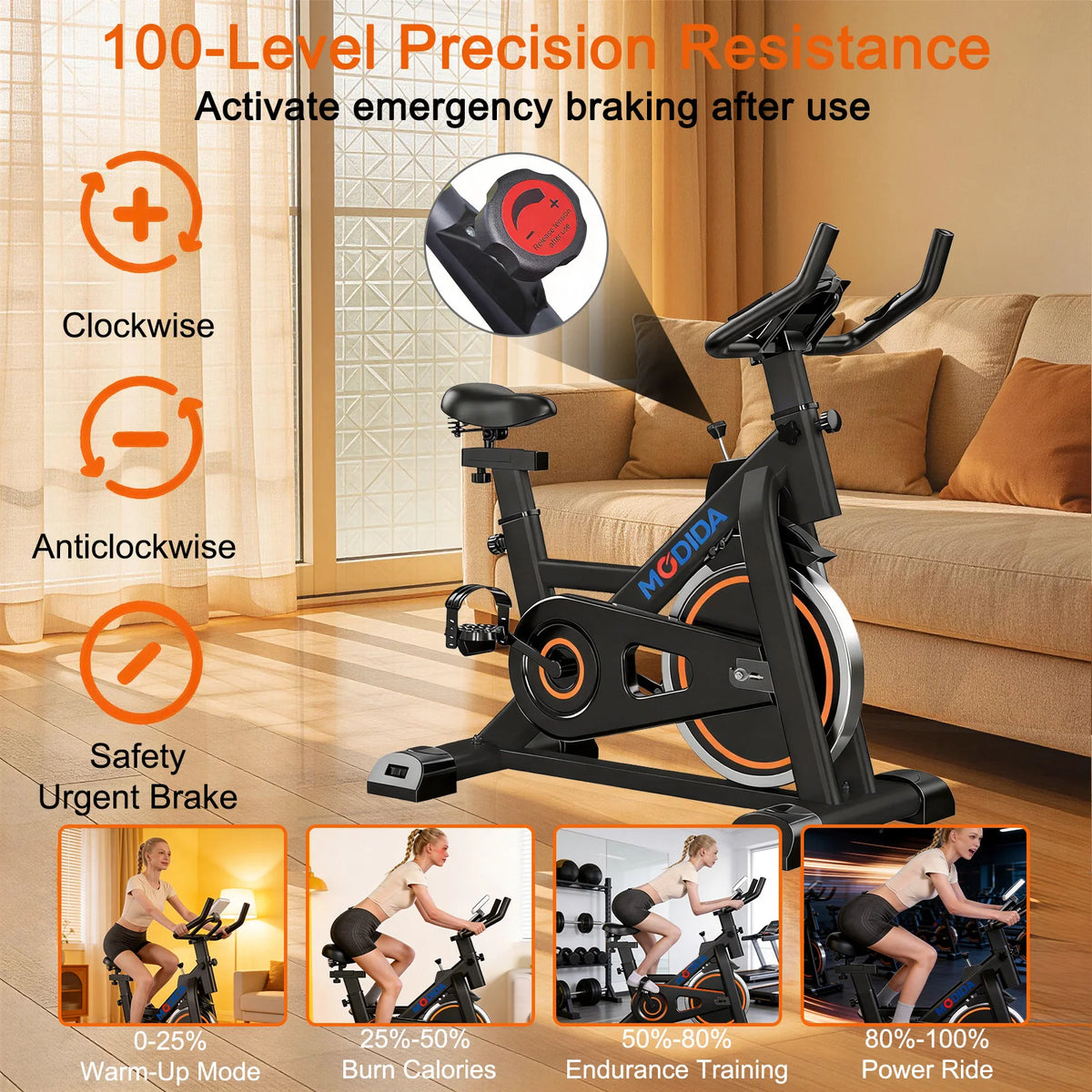 300LBS Load Magnetic Indoor Spin Bike With Built‑in Bluetooth Speaker Ultra Quiet Belt‑Drive Adjustable Resistance Home Stationary Fitness Exercise Bike