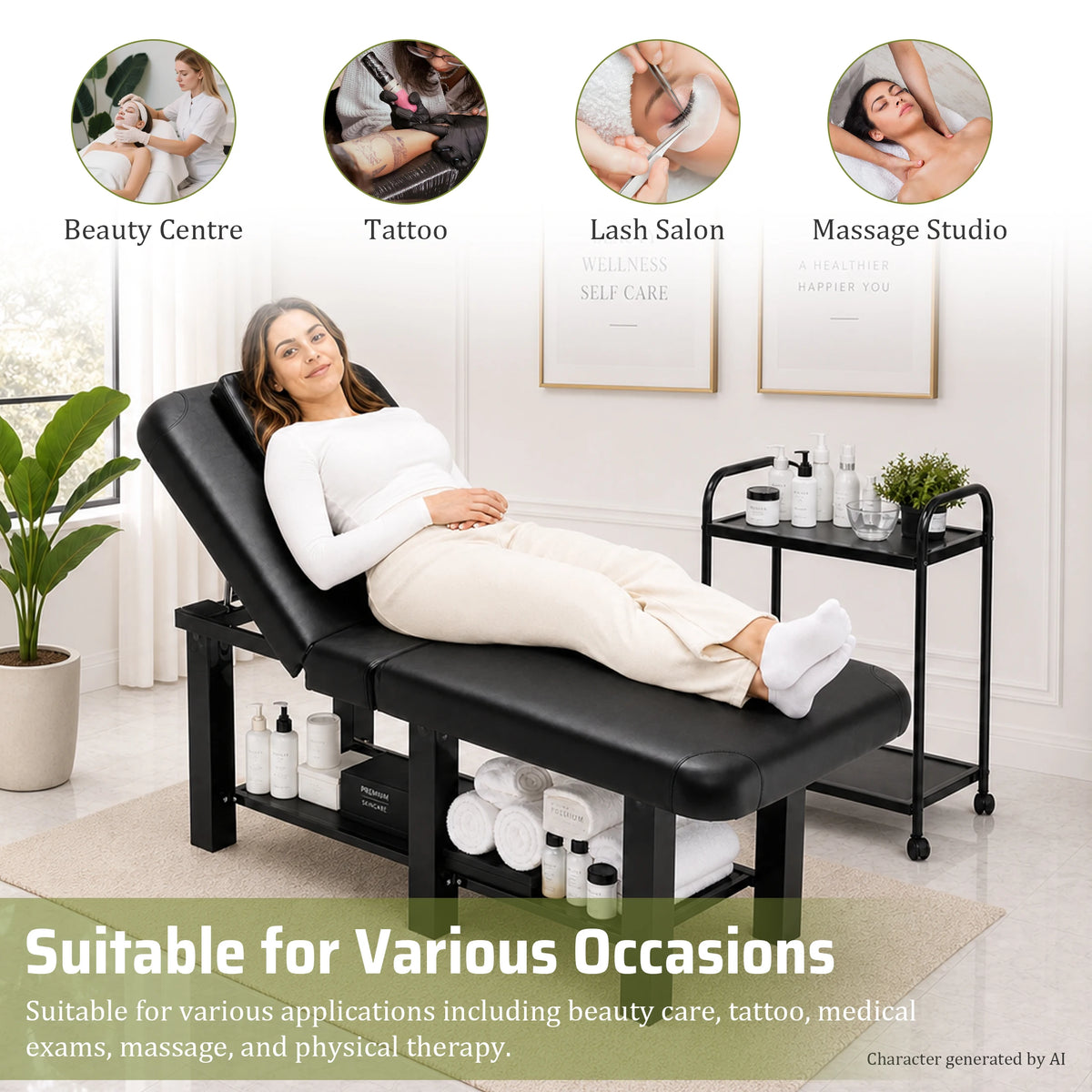 Professional Massage Table with Storage, Metal Frame Spa Bed,330lbs Physical Therapy Table Facial Bed Adjustable Backrest & Height,31.5 Wide PU Leather for Salon ,Tattoo, Black