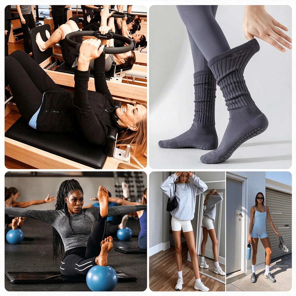 1/3/6 Pairs Slouch Pilates Socks For Women Non Slip Grippy Yoga Socks Long Scrunch Crew Socks For Workout Barre