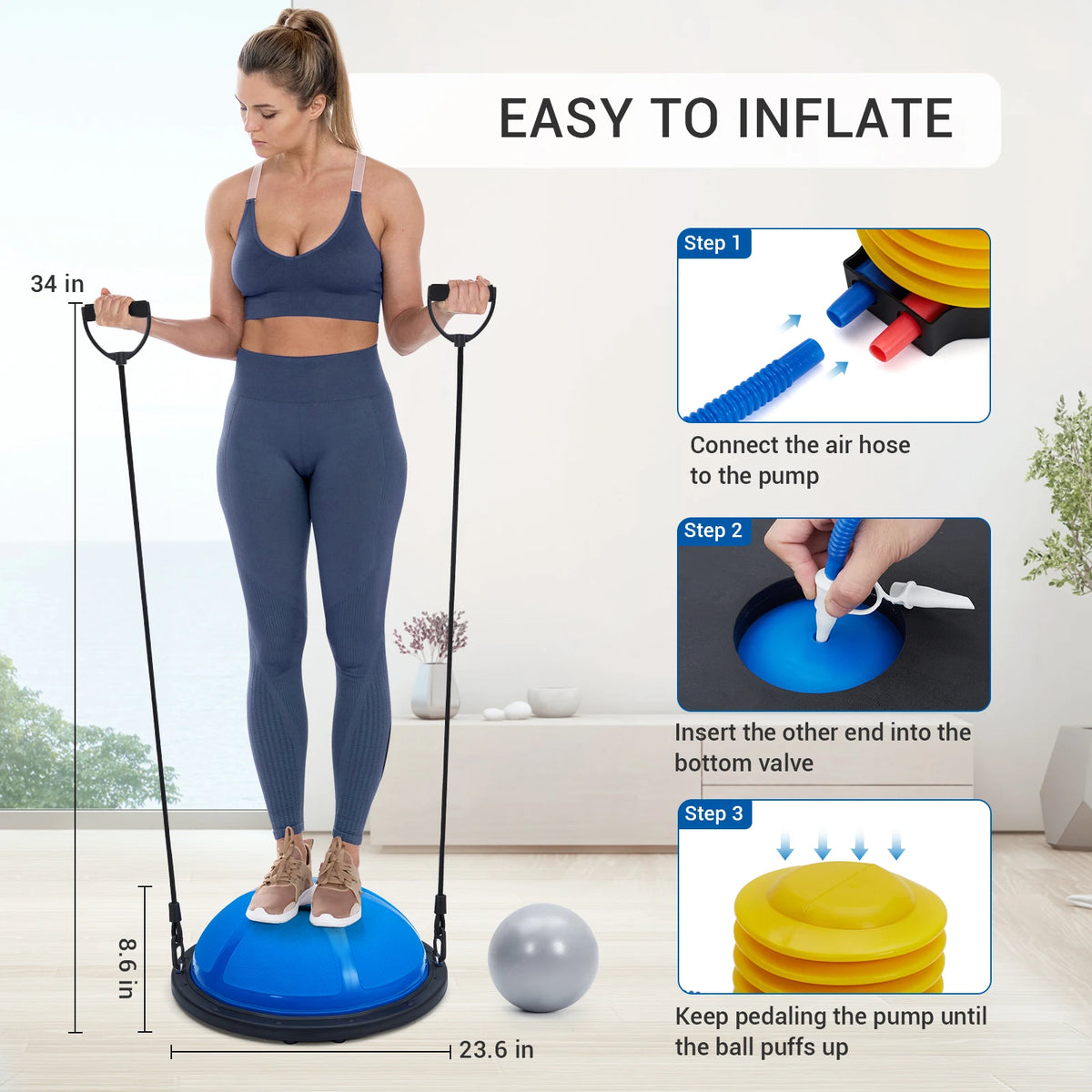 23" Half Exercise Ball Trainer with Resistance Bands & Air Pump – 1600 lbs Capacity Non-Slip Balance Ball for Core Strength, Yoga, Pilates & Home Gym