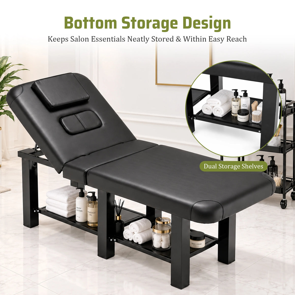 Professional Massage Table with Storage, Metal Frame Spa Bed,330lbs Physical Therapy Table Facial Bed Adjustable Backrest & Height,31.5 Wide PU Leather for Salon ,Tattoo, Black