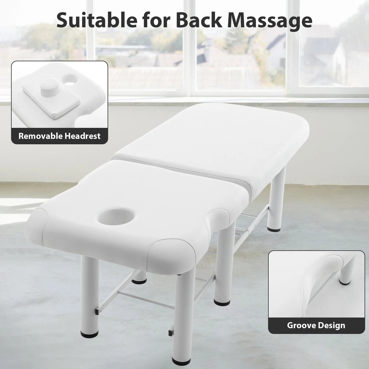 Professional Massage Table with Adjustable Backrest Removable Headrest Bottom Storage Shelf Memory Foam Salon Bed White