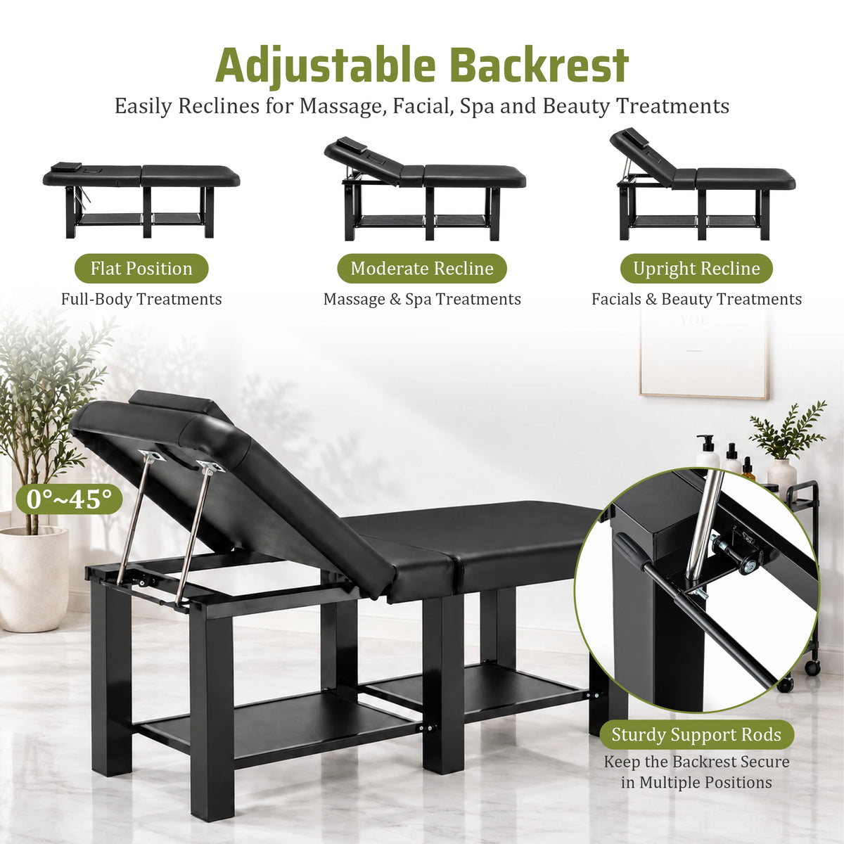 Professional Massage Table with Storage, Metal Frame Spa Bed,330lbs Physical Therapy Table Facial Bed Adjustable Backrest & Height,31.5 Wide PU Leather for Salon ,Tattoo, Black