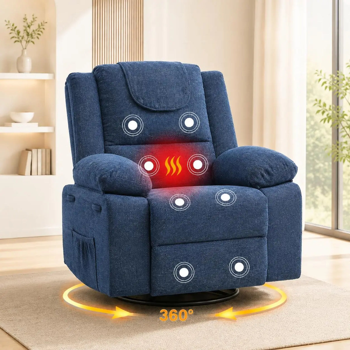 Sofa Massage Recliner Chair for Living Room Swivel Rocking Recliner Chair with Massage & Heat for Adults, with Footrest Breathable Linen Upholstery, 360° Swivel & 150° Recline