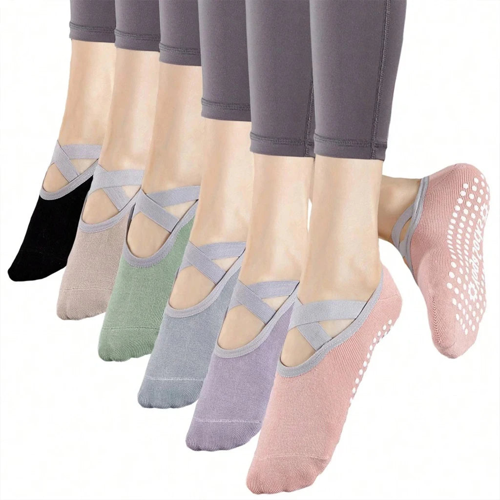 6 Pairs Women Yoga Socks Non Slip Grip Pilates Socks Cross Strap Low Cut Socks For Ballet Barre Dance Workout Fitness