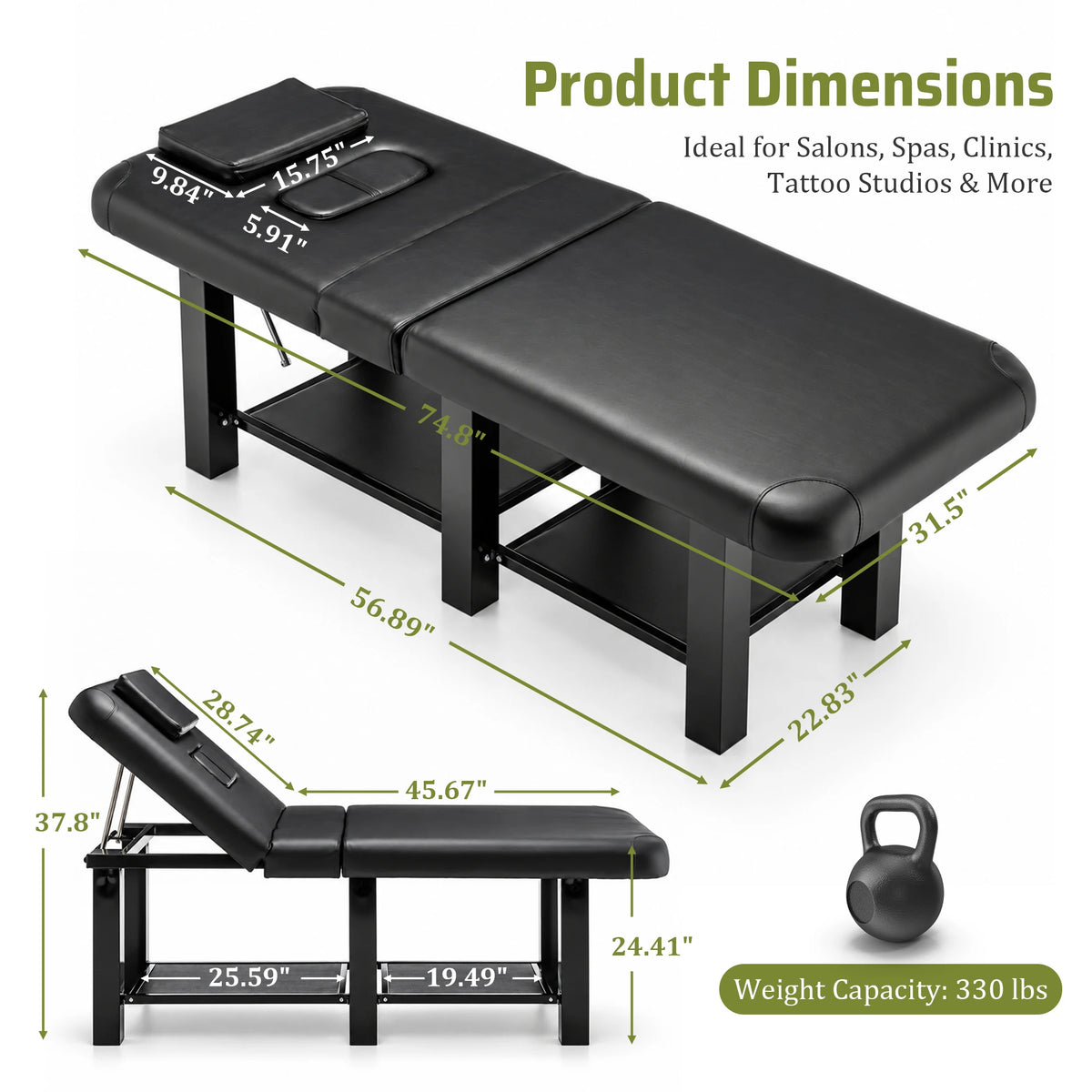 Professional Massage Table with Storage, Metal Frame Spa Bed,330lbs Physical Therapy Table Facial Bed Adjustable Backrest & Height,31.5 Wide PU Leather for Salon ,Tattoo, Black