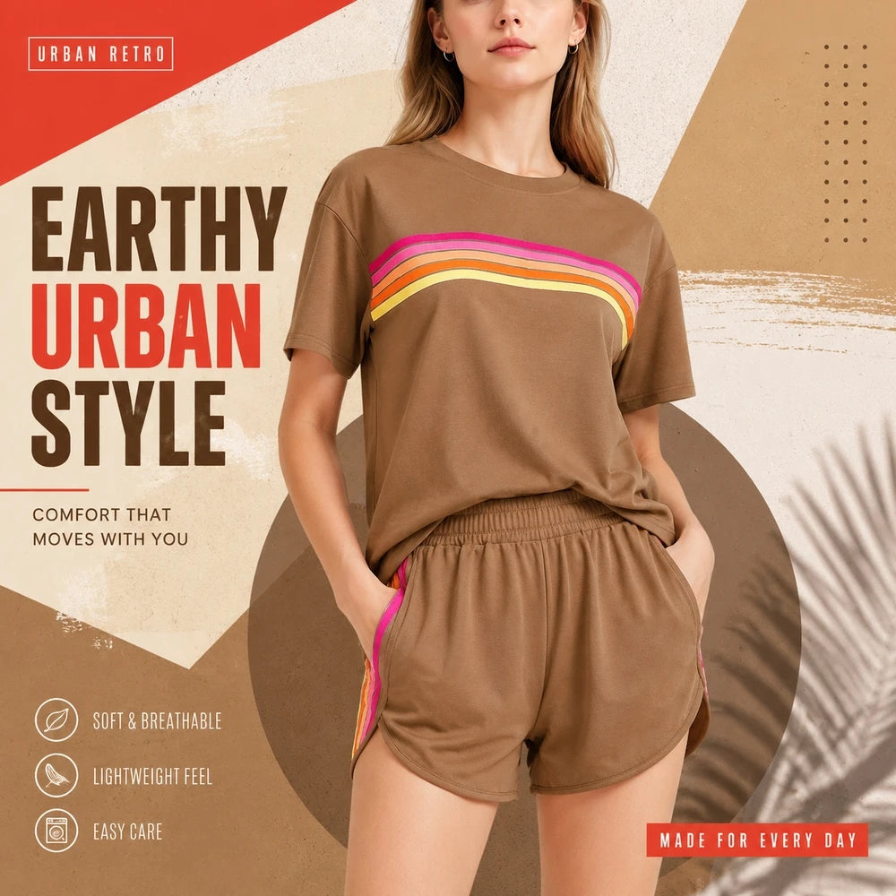 Womens Casual Two Piece Athletic Tracksuit Set With Shirt And Shorts