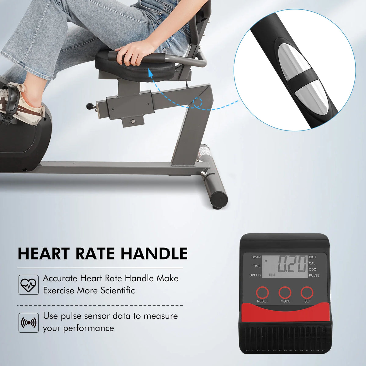 Recumbent Exercise Bike for Home Stationary Bike Sturdy Quiet 8 Levels Recumbent Bikes Large Comfortable Seat Heart Rate Handle