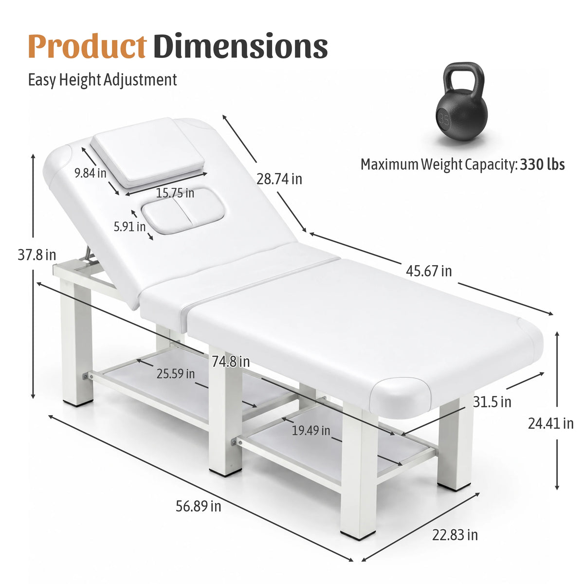 Folding Adjustable Massage Bed With Reclining Backrest And Removable Headrest