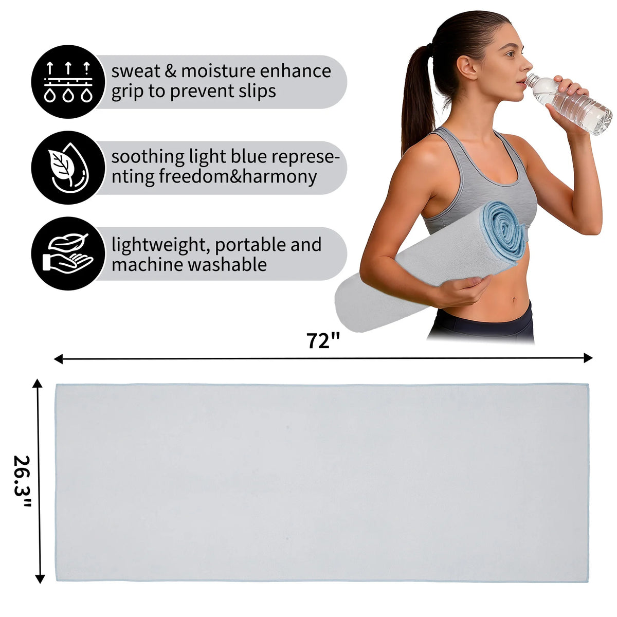 Non-Slip Microfiber Yoga Towel for Hot Yoga & Pilates - Sweat Absorbent, Quick Dry, Machine Washable - Mat Cover, Ideal for Gym - 183x67cm