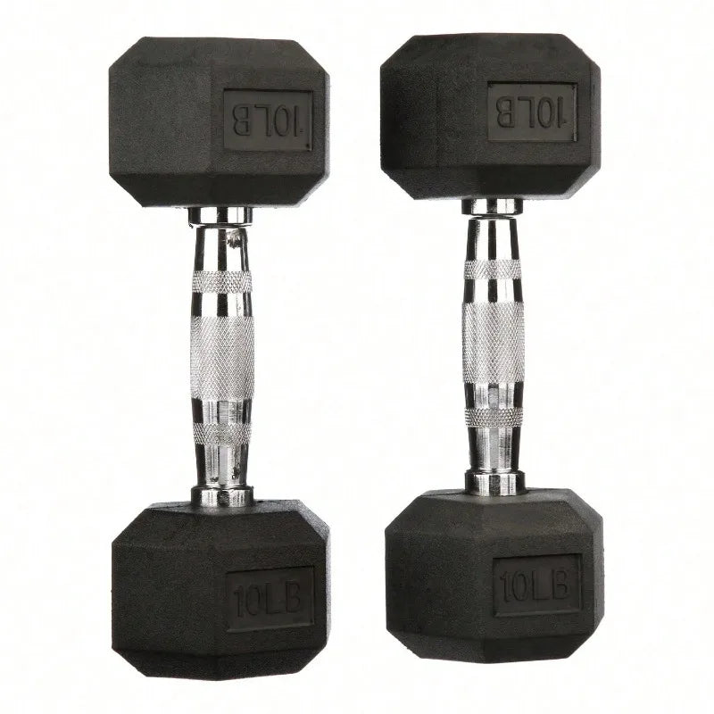 Large Fitness Equipment Rubber Encased Hex Dumbbells, 10 Lbs Pair, Black, Pairs