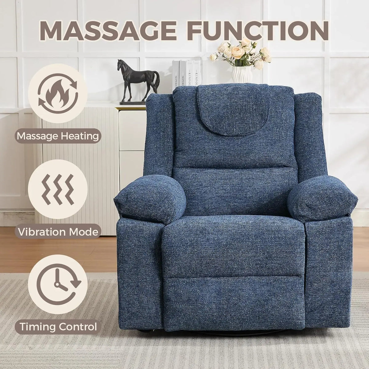 Sofa Massage Recliner Chair for Living Room Swivel Rocking Recliner Chair with Massage & Heat for Adults, with Footrest Breathable Linen Upholstery, 360° Swivel & 150° Recline