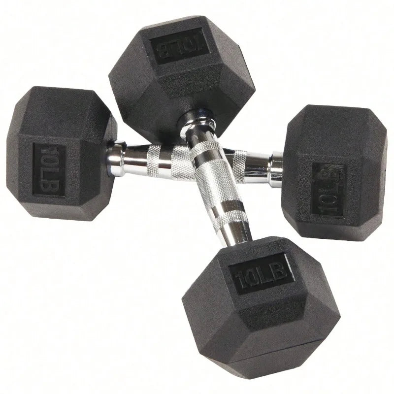 Large Fitness Equipment Rubber Encased Hex Dumbbells, 10 Lbs Pair, Black, Pairs