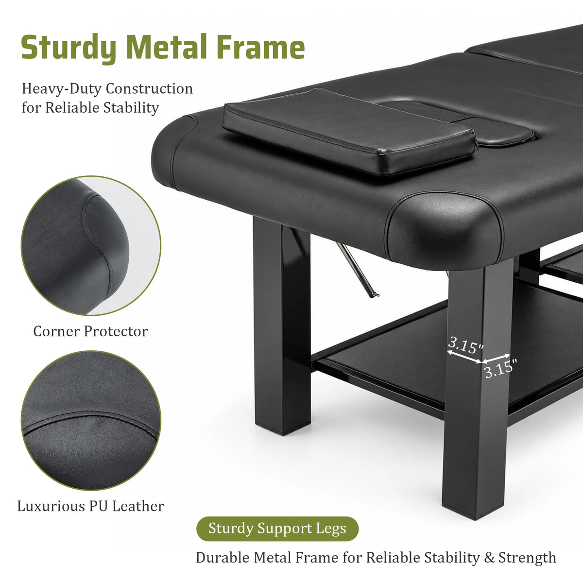 Professional Massage Table with Storage, Metal Frame Spa Bed,330lbs Physical Therapy Table Facial Bed Adjustable Backrest & Height,31.5 Wide PU Leather for Salon ,Tattoo, Black