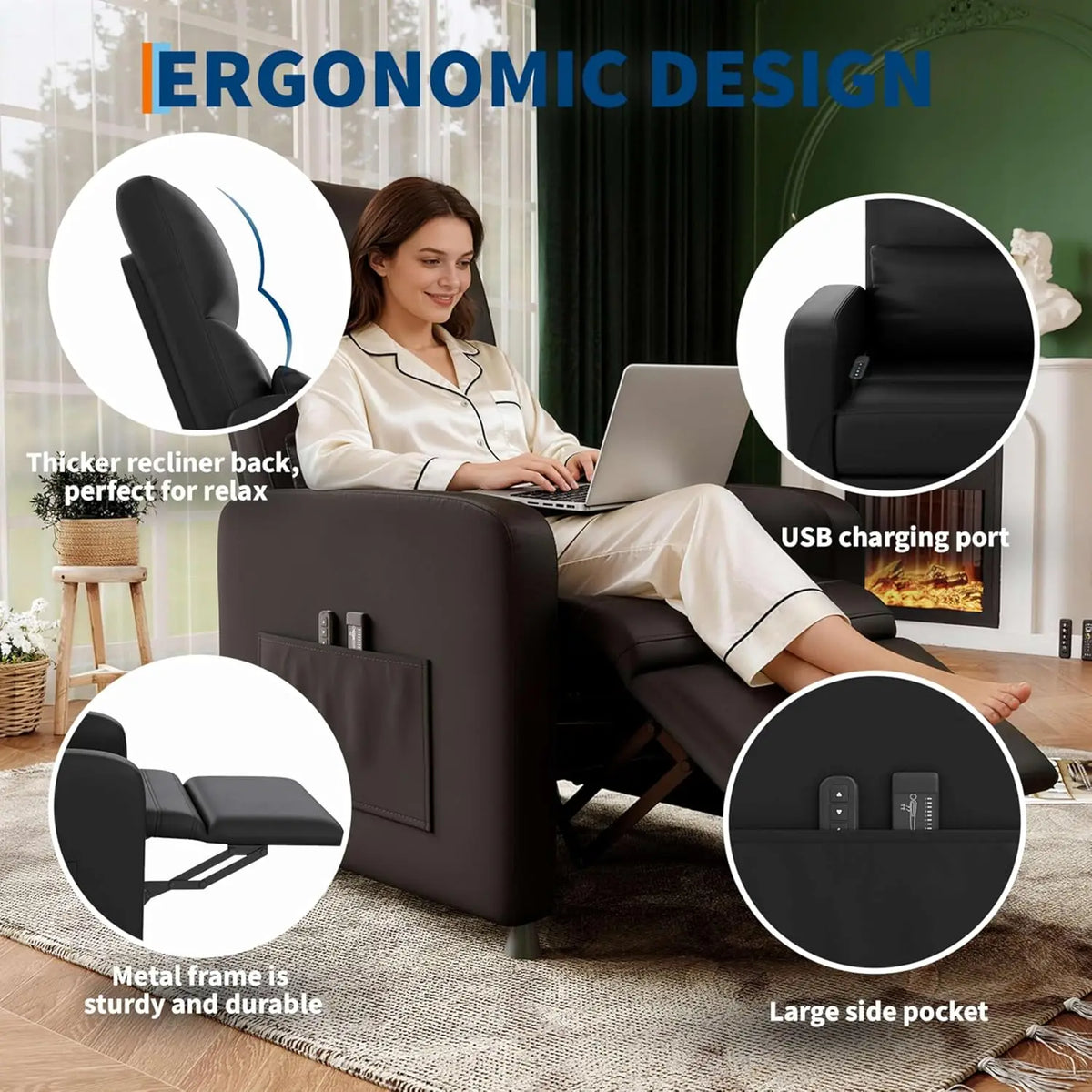 Electric Recliner Chair With Massage Heat USB And Side Pockets