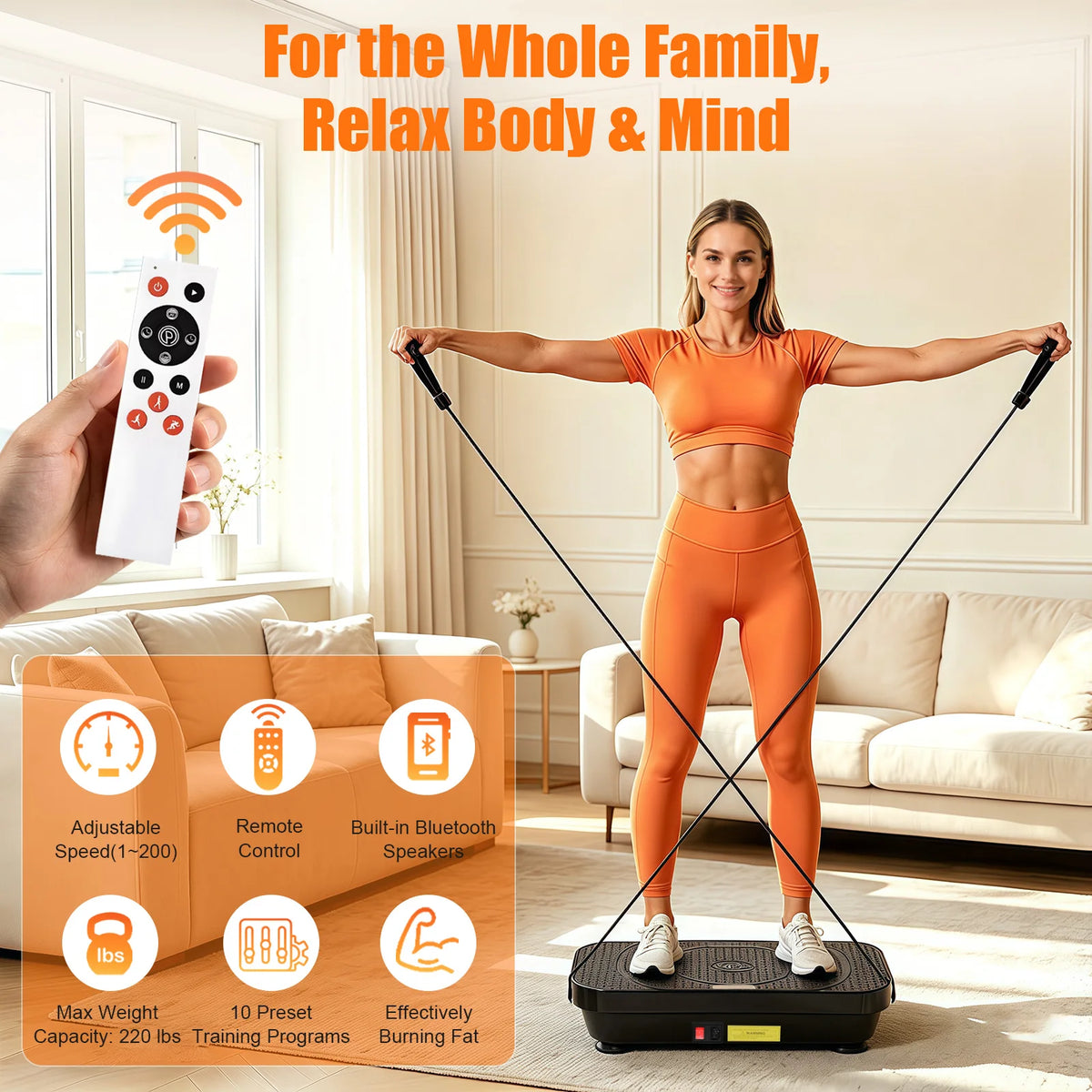 Vibration Plate Machine Home Fitness Workout Exercise Bluetooth for Weight Loss & Whole Body Shaping High-Frequency for Fat Burning & Toning 10 Auto 200 Manual Speed Settings Includes Resistance Bands & Yoga Straps Shaker Adj