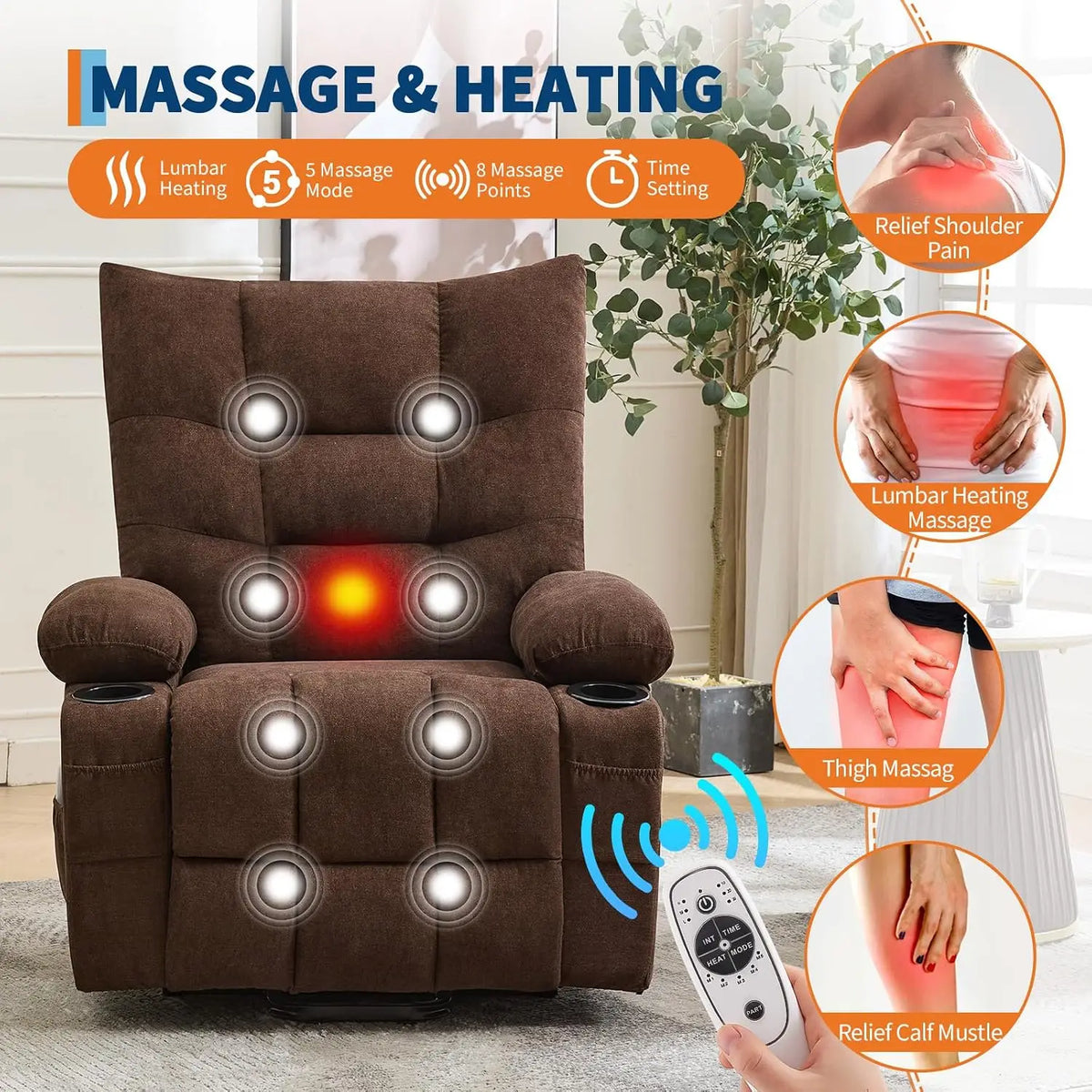 1PC Power Lift Recliner Chair Sofa Massage Recliner Chair for Living Room Extra Wide 57 cm Seat & Wide High Back Linen Upholstery with Side Pocket