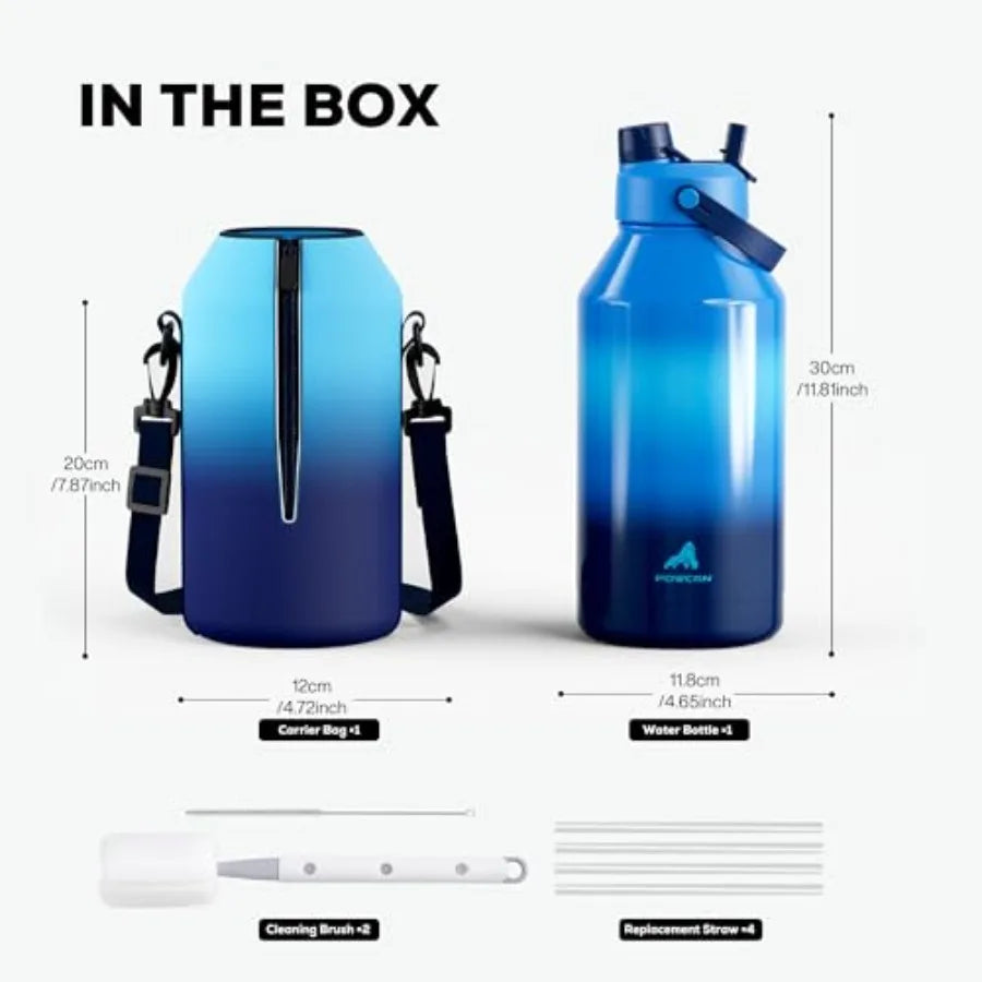 Insulated Water Bottle With Straw Spout Lid, Carrier, Cleaning Brush