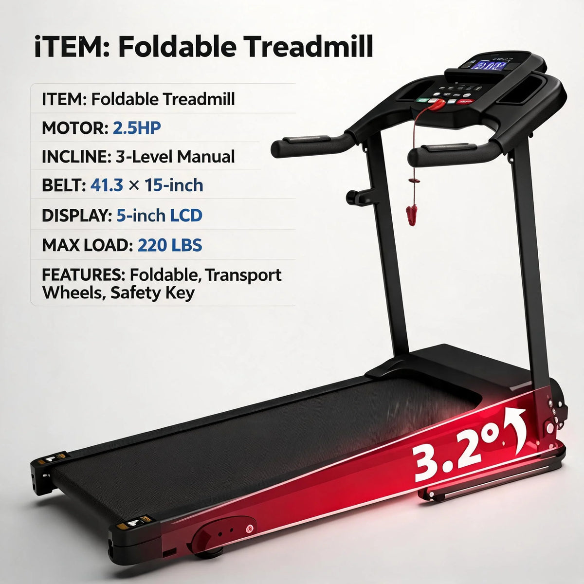 FYC Foldable Treadmill with Manual Incline for Home Cardio Workouts