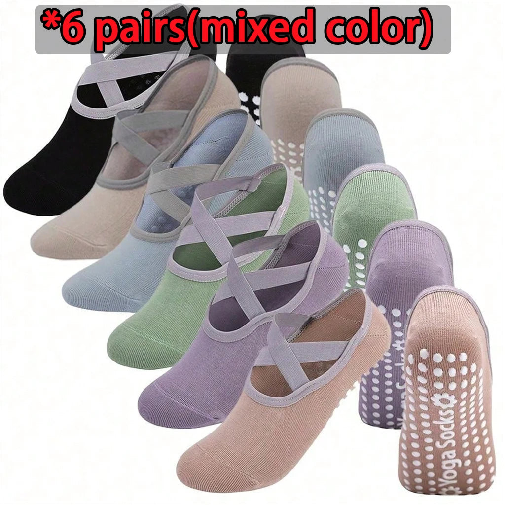 6 Pairs Women Yoga Socks Non Slip Grip Pilates Socks Cross Strap Low Cut Socks For Ballet Barre Dance Workout Fitness