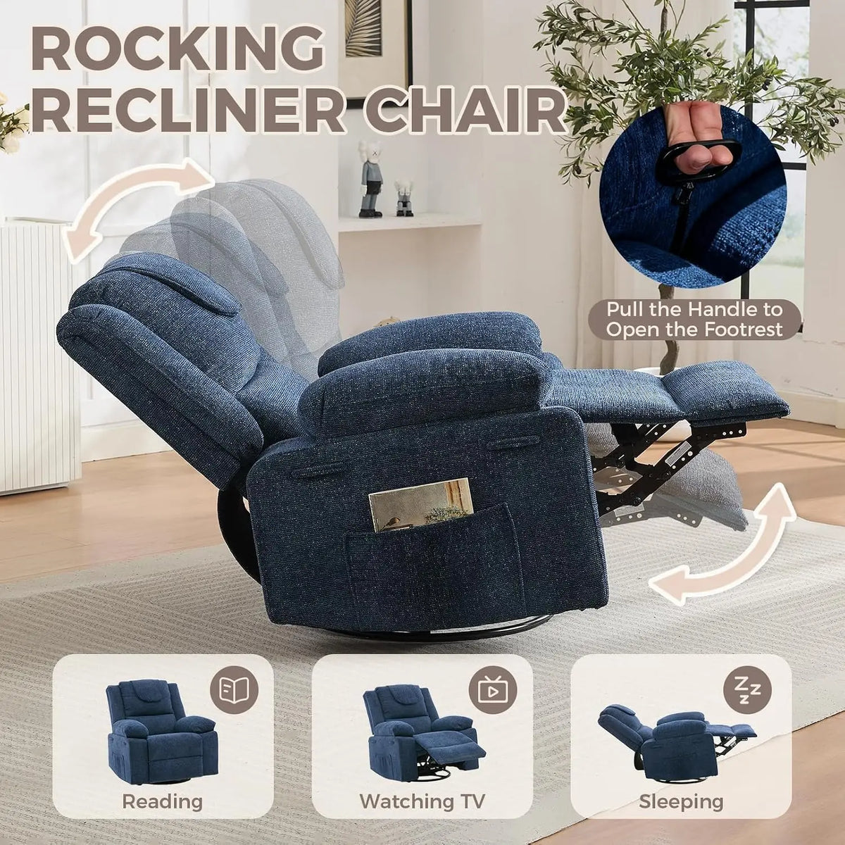 Sofa Massage Recliner Chair for Living Room Swivel Rocking Recliner Chair with Massage & Heat for Adults, with Footrest Breathable Linen Upholstery, 360° Swivel & 150° Recline