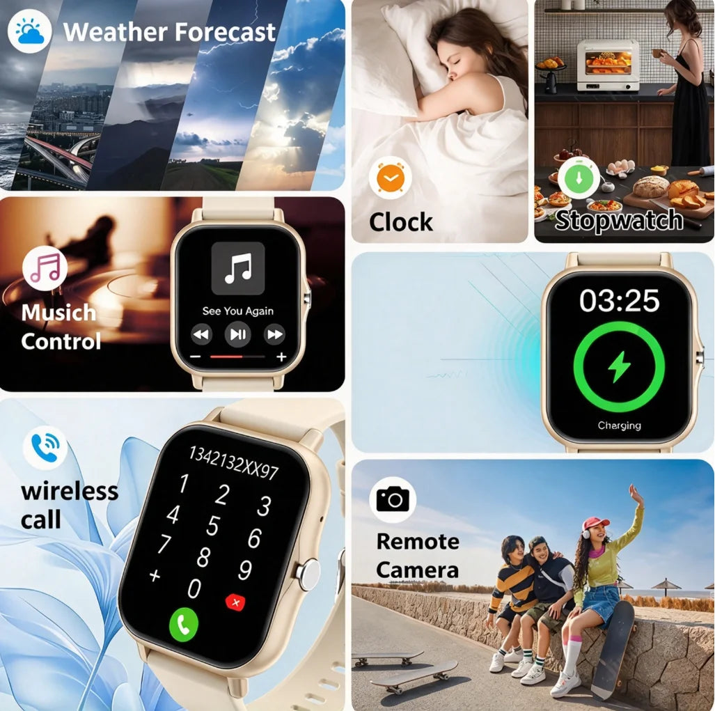 Upgraded Full-Touch Smart Watch, Wireless Calling And Reminders - USB Charging, Wallpaper, Multiple Sports Modes, News Reminders, Music Playback, Health Tracker, Suitable for Android And for Iphone Phones, Ideal Gift for Dail
