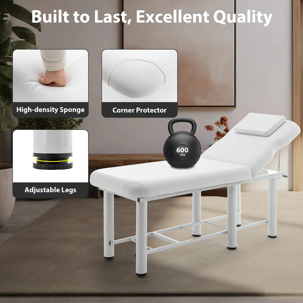 Professional Massage Table with Adjustable Backrest Removable Headrest Bottom Storage Shelf Memory Foam Salon Bed White
