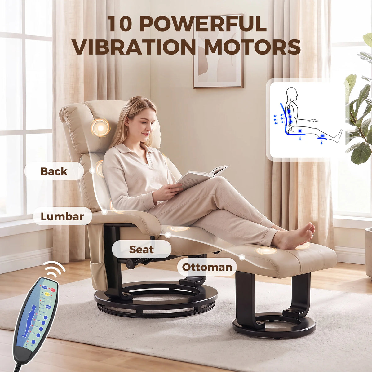 HOMCOM Massage Recliner Chair with Ottoman, 360° Swivel Recliner and Footstool, 10-Point Vibration, PU Leather Reclining Chair with Remote Control, Beige