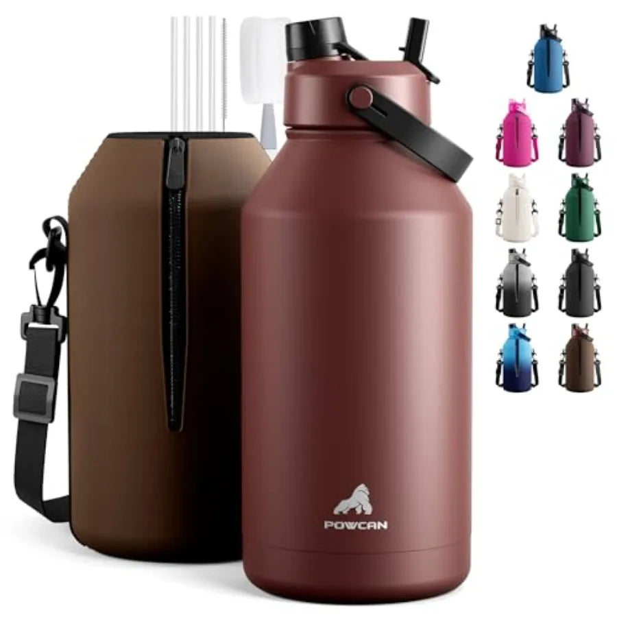 Insulated Water Bottle With Straw Spout Lid, Carrier, Cleaning Brush