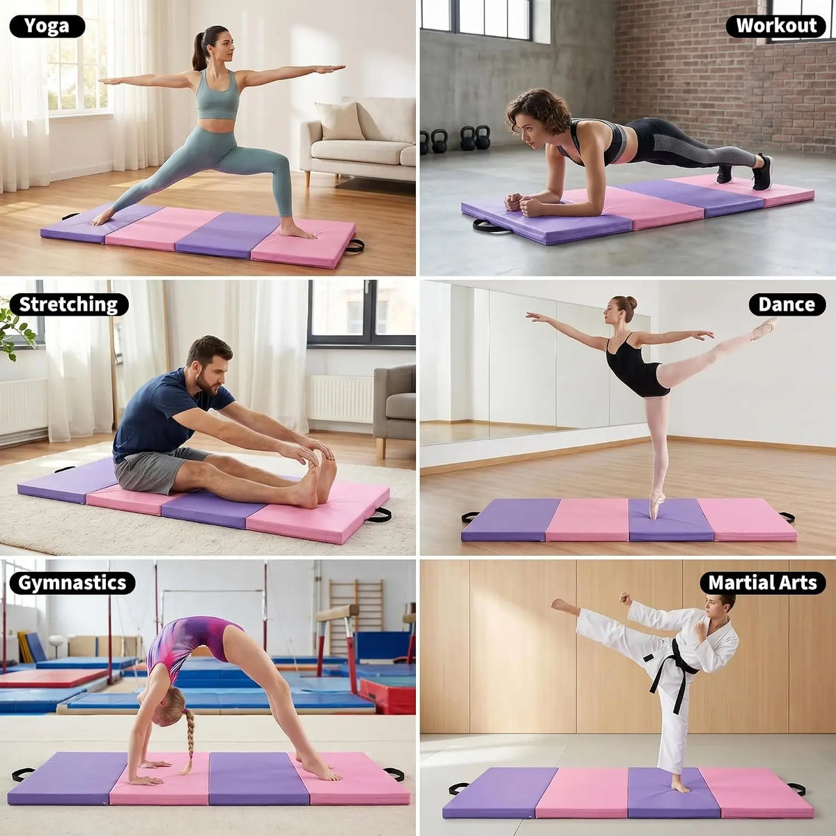 Gymnastics Mat 6x3FT 4-Panel Tumbling Mat,2 Inches Thick Gym Mat PU Leather Exercise Floor Mat Portable Yoga Mat with Carrying Handles for Pilates, Aerobics, Martial Arts,Home Fitness