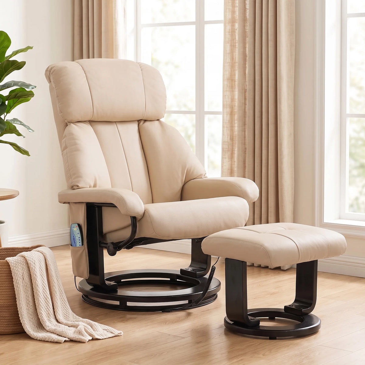 HOMCOM Massage Recliner Chair with Ottoman, 360° Swivel Recliner and Footstool, 10-Point Vibration, PU Leather Reclining Chair with Remote Control, Beige