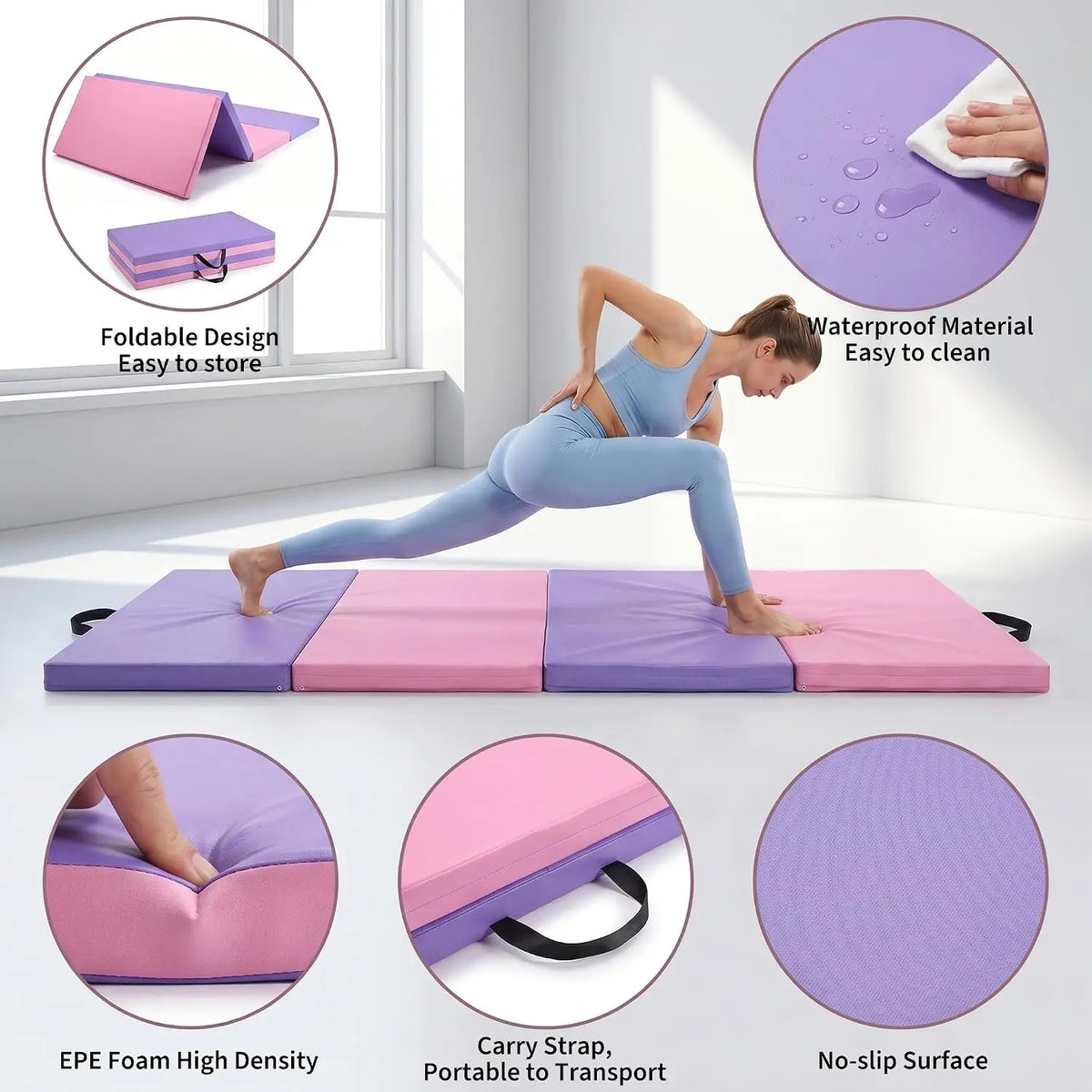 Gymnastics Mat 6x3FT 4-Panel Tumbling Mat,2 Inches Thick Gym Mat PU Leather Exercise Floor Mat Portable Yoga Mat with Carrying Handles for Pilates, Aerobics, Martial Arts,Home Fitness