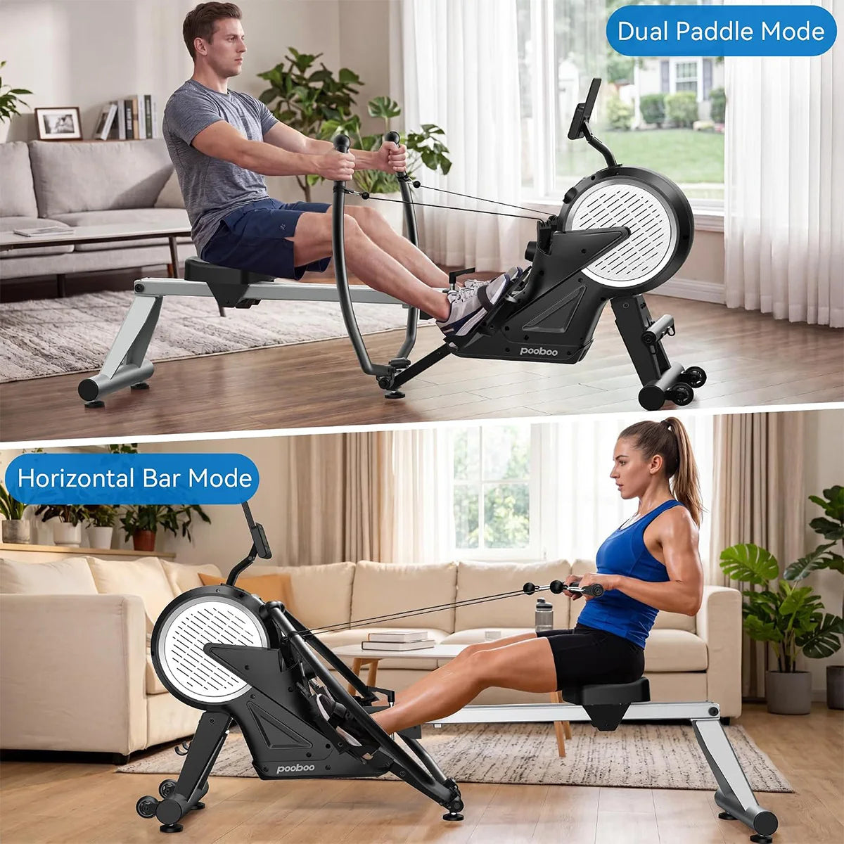 Pooboo Dual Scull Rowing Machine with Wind and Magnetic Resistance Rower Machine with 400 Lb Capacity, 14 Resistance Levels, Foldable Design, Quiet Operation for Home Workouts
