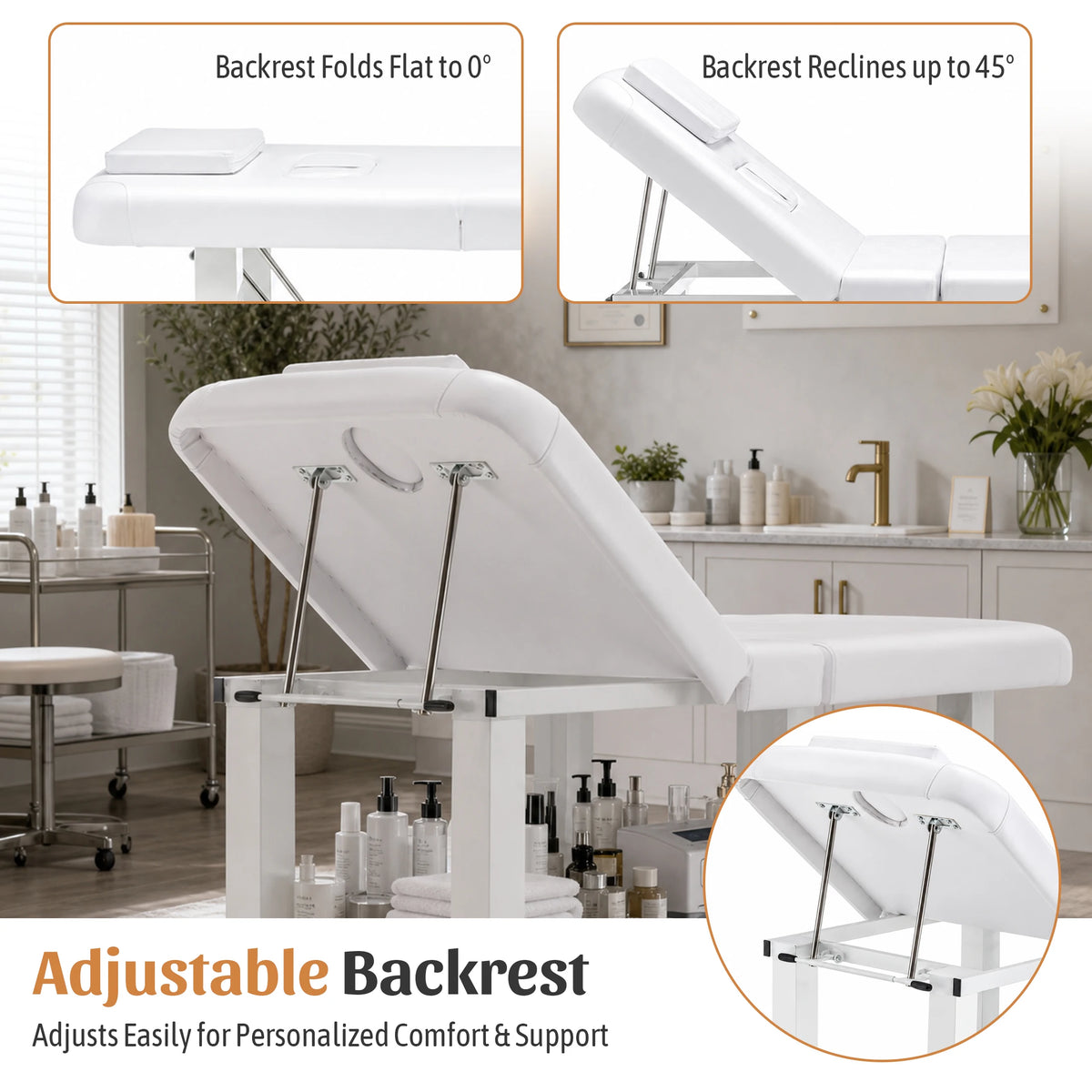 Folding Adjustable Massage Bed With Reclining Backrest And Removable Headrest