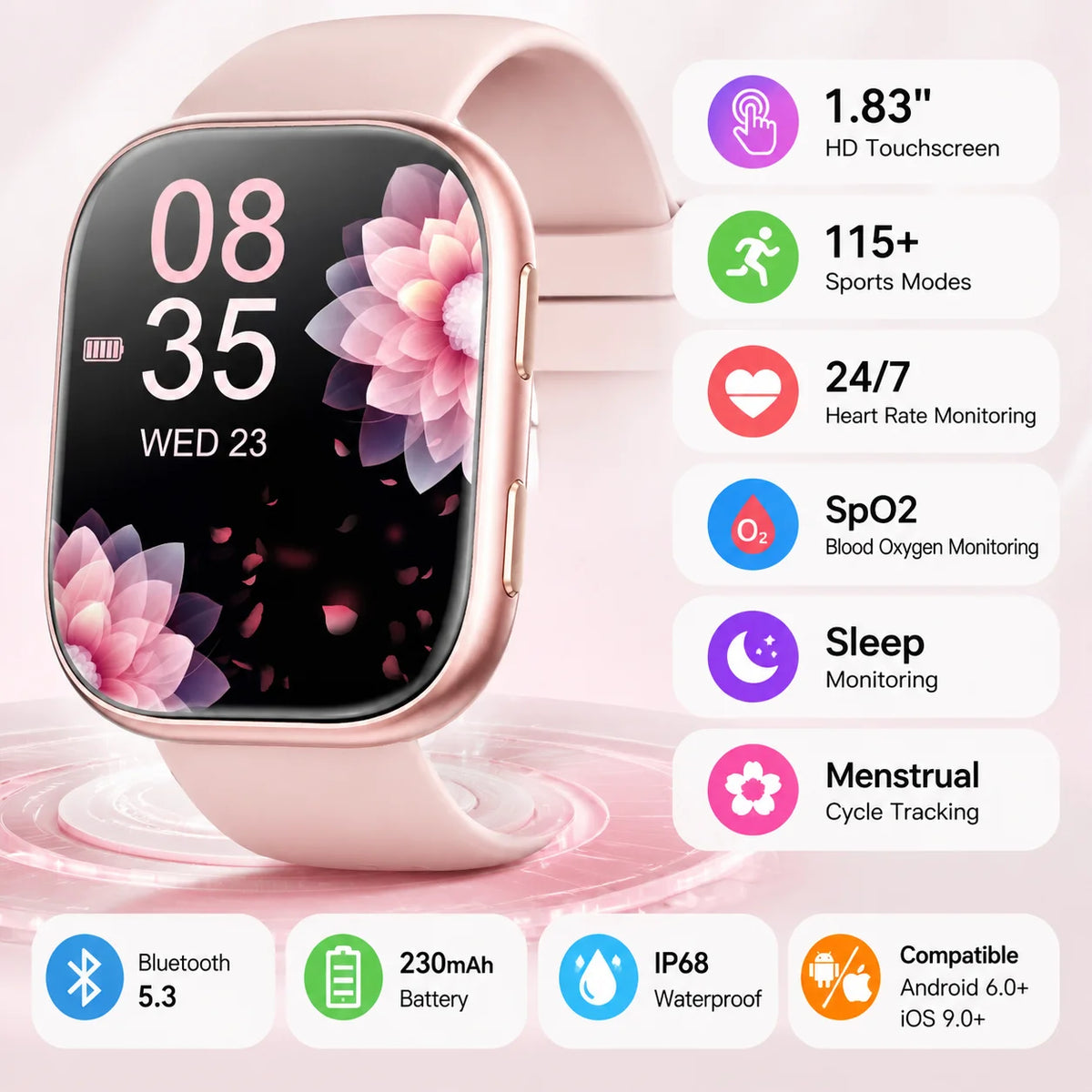 2026 New Ladies Smart Watch 1.83 Inch HD Touch Screen Fitness Tracker, 115+ Sports Modes, Heart Rate Sleep & Menstrual Cycle Monitor, IP67 Waterproof Smartwatch with 7 Replacement Bands Gift Set Compatible with Android iOS