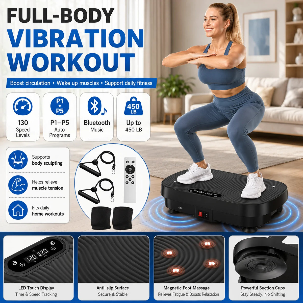 Whole Body Vibration Shaker Platform Home Fat Burning Training Machine Wireless Remote Include Pull Ropes Knee Support Pads Fitness Workout Equipment