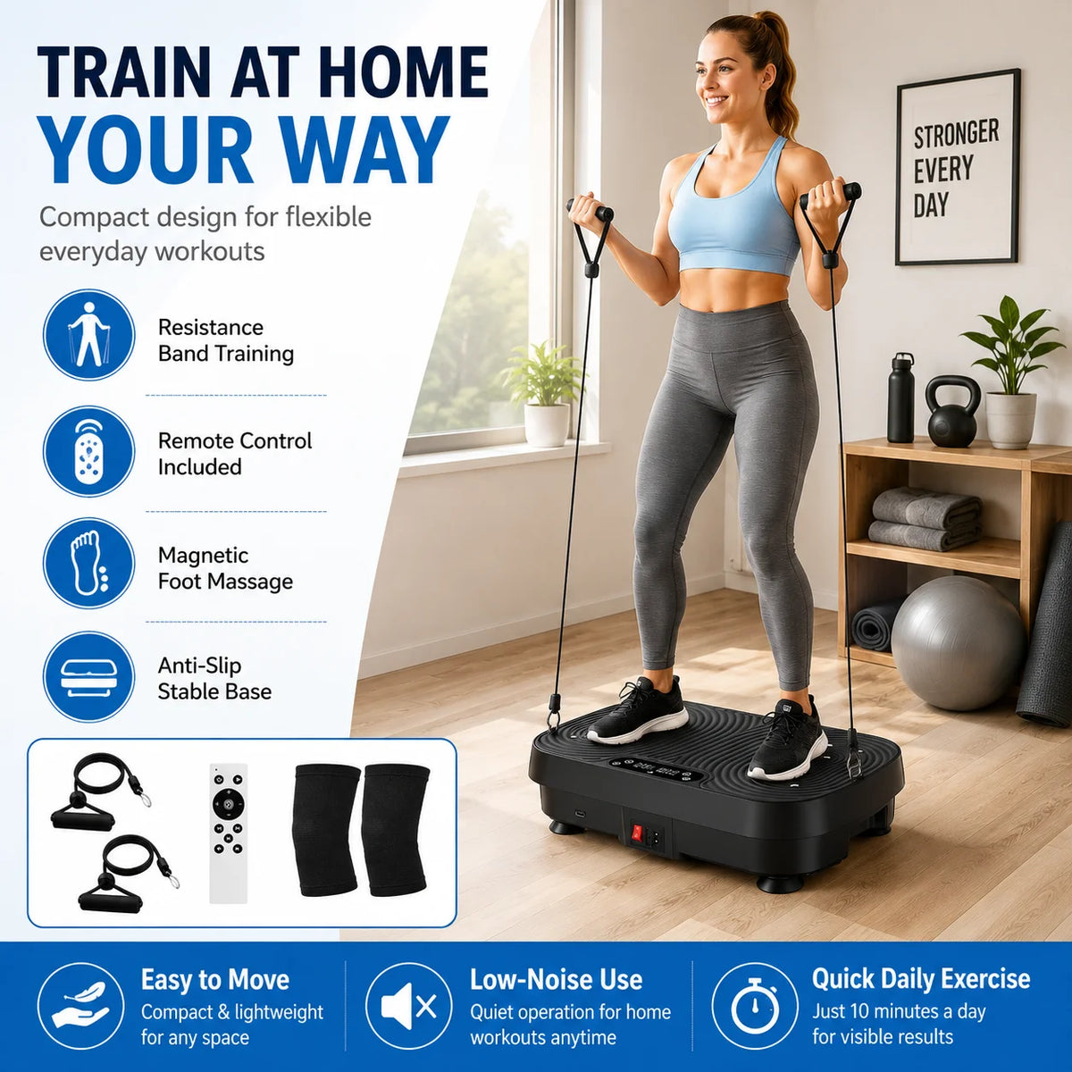 Whole Body Vibration Shaker Platform Home Fat Burning Training Machine Wireless Remote Include Pull Ropes Knee Support Pads Fitness Workout Equipment