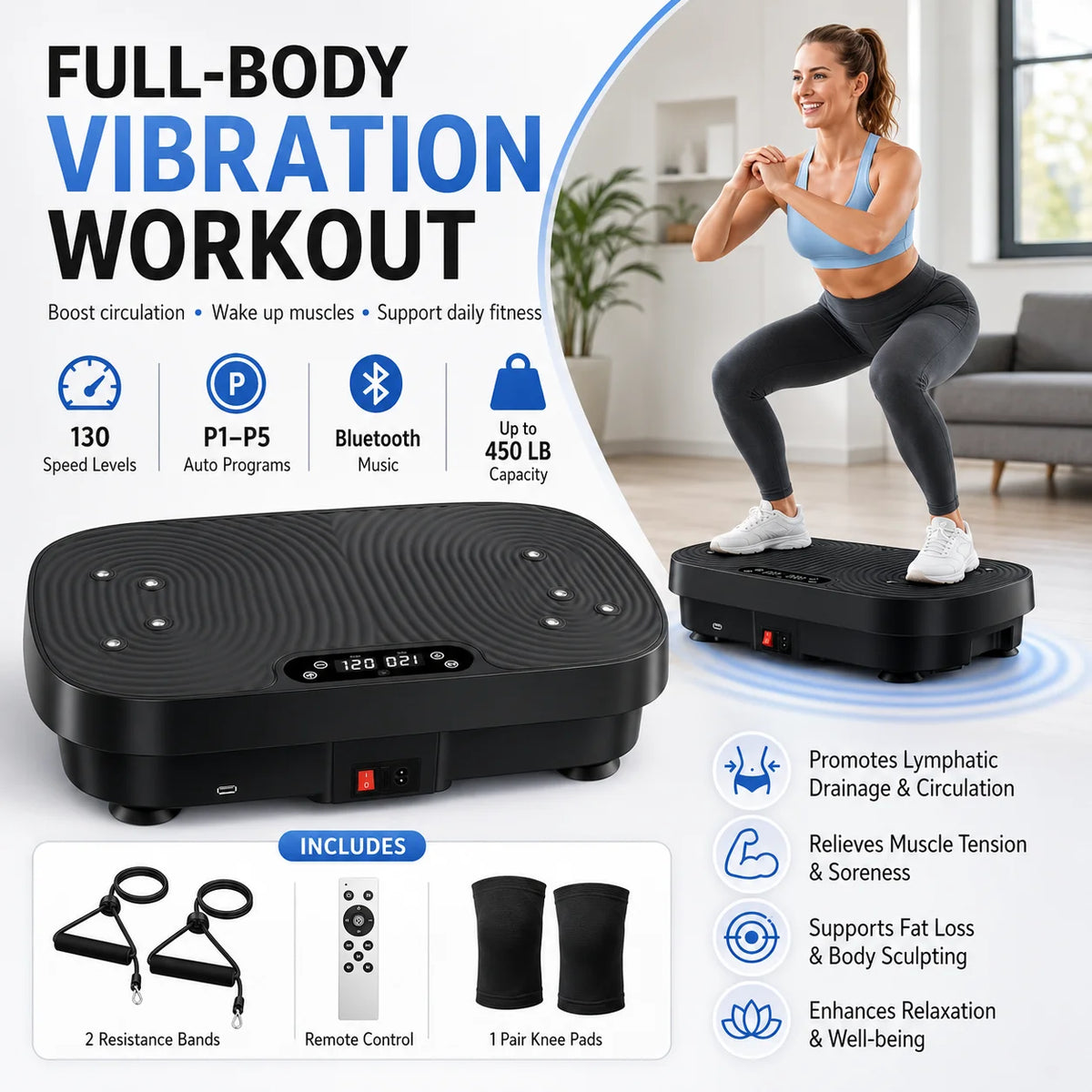 Whole Body Vibration Shaker Platform Home Fat Burning Training Machine Wireless Remote Include Pull Ropes Knee Support Pads Fitness Workout Equipment