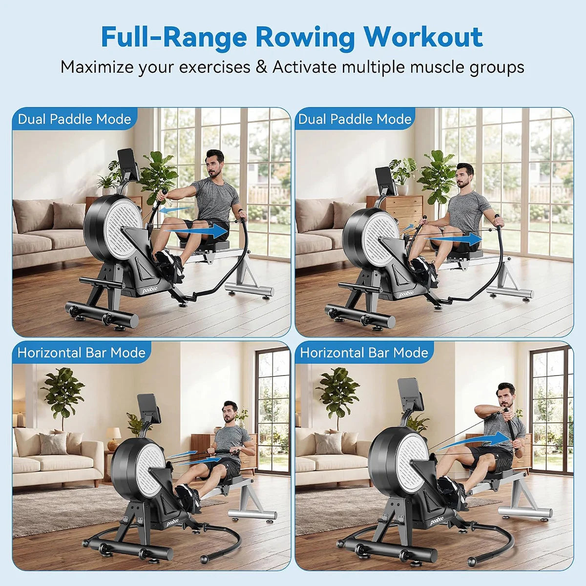 Pooboo Dual Scull Rowing Machine with Wind and Magnetic Resistance Rower Machine with 400 Lb Capacity, 14 Resistance Levels, Foldable Design, Quiet Operation for Home Workouts