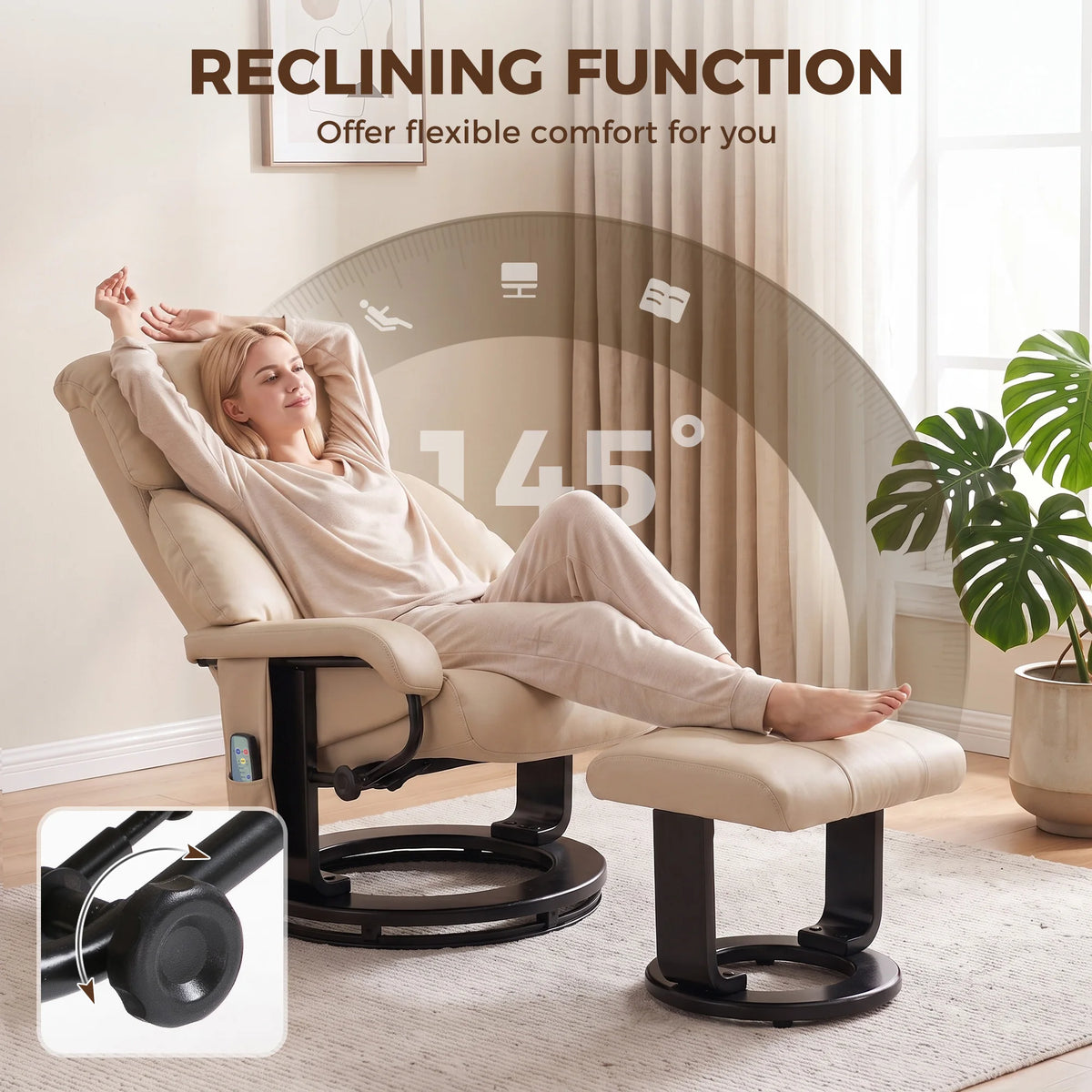 HOMCOM Massage Recliner Chair with Ottoman, 360° Swivel Recliner and Footstool, 10-Point Vibration, PU Leather Reclining Chair with Remote Control, Beige