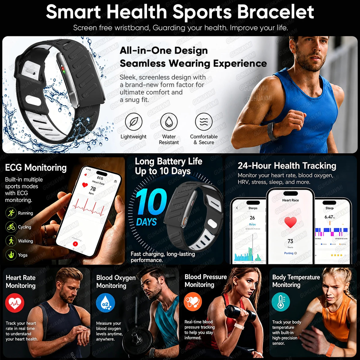 GUHUAVMI Smart Health Bracelet With ECG HRV And Fitness Tracking