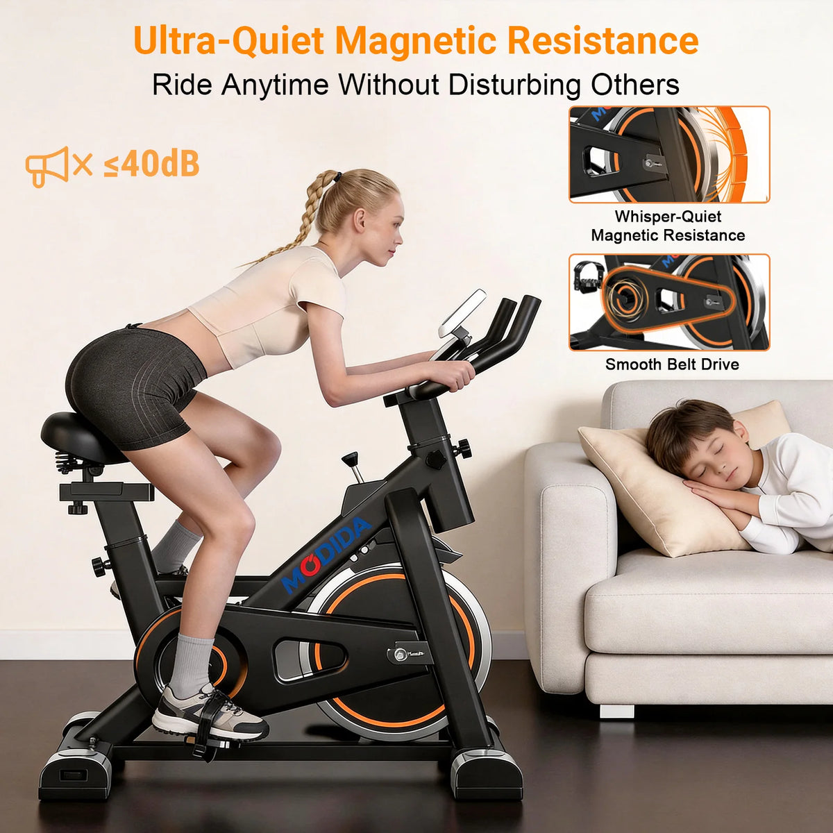 300LBS Load Magnetic Indoor Spin Bike With Built‑in Bluetooth Speaker Ultra Quiet Belt‑Drive Adjustable Resistance Home Stationary Fitness Exercise Bike