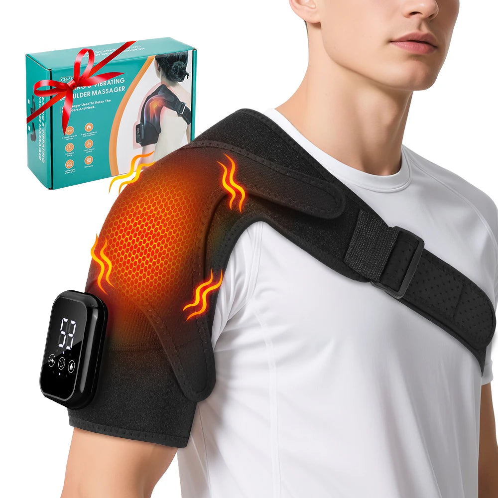 Electric Heating Shoulder Vibration Massager Heated Back Shoulder Brace LED Display Massage Support Belt Strap Arm Muscle Relaxation