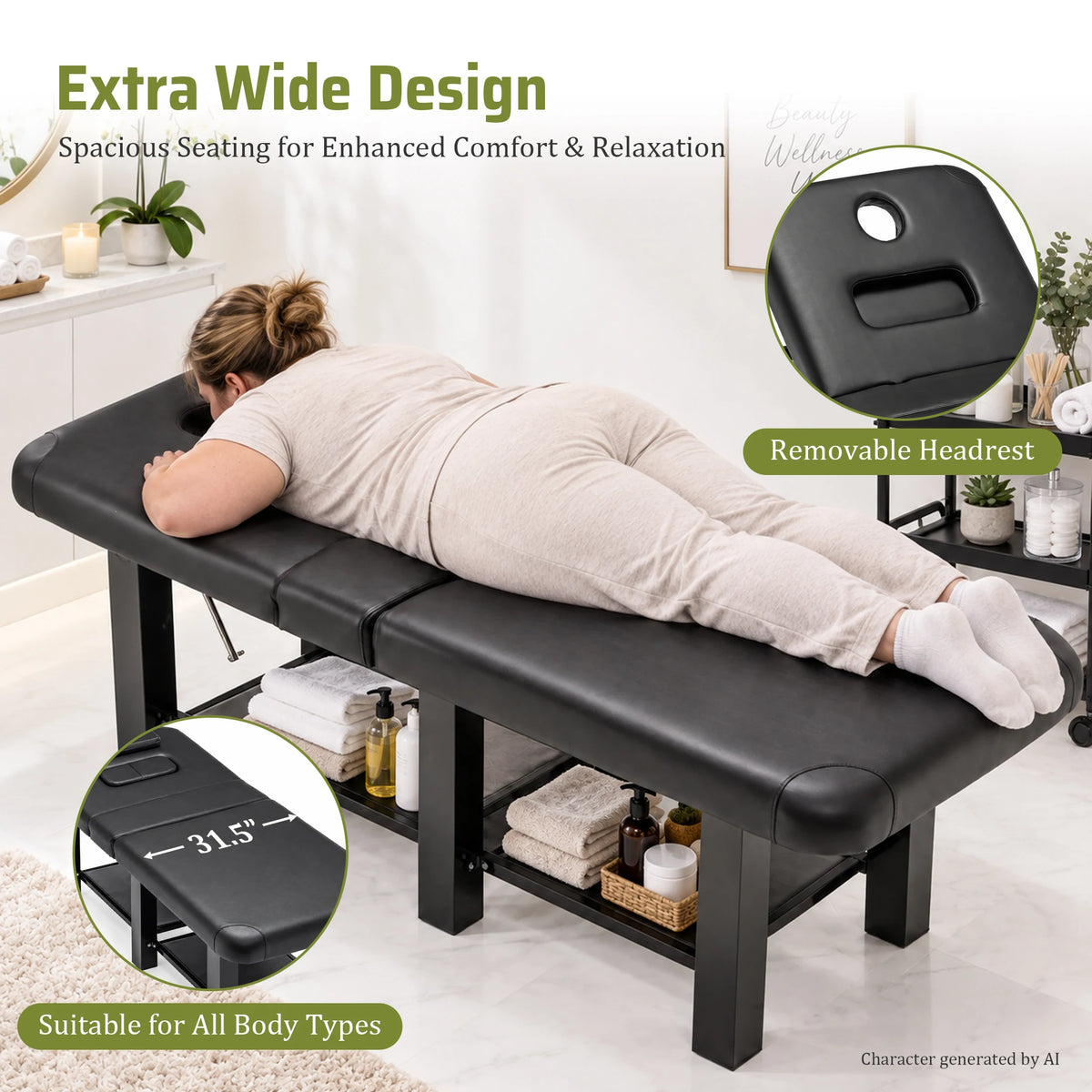 Professional Massage Table with Storage,  Metal Frame  Spa Bed,330lbs Physical Therapy Table Facial Bed Adjustable Backrest & Height,31.5 Wide PU Leather for Salon ,Tattoo, Black