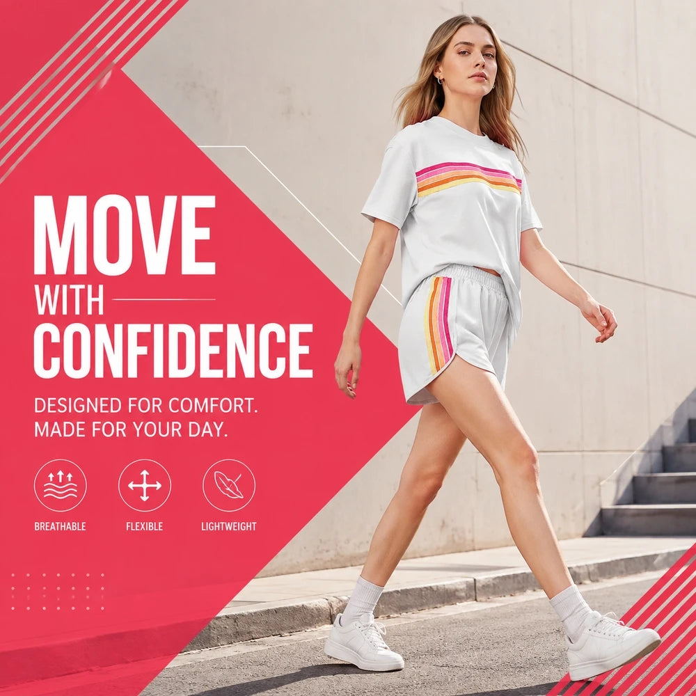 Womens Casual Two Piece Athletic Tracksuit Set With Shirt And Shorts