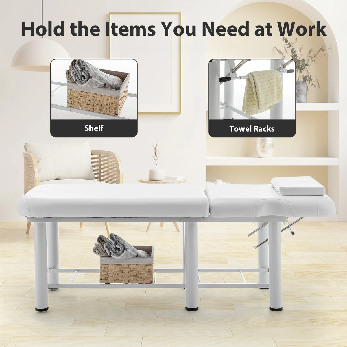 Professional Massage Table with Adjustable Backrest Removable Headrest Bottom Storage Shelf Memory Foam Salon Bed White