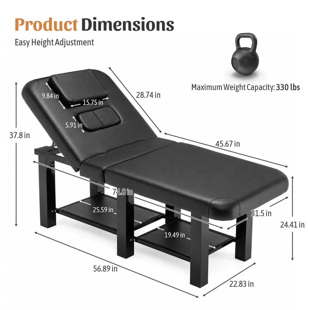 Folding Adjustable Massage Bed With Reclining Backrest And Removable Headrest
