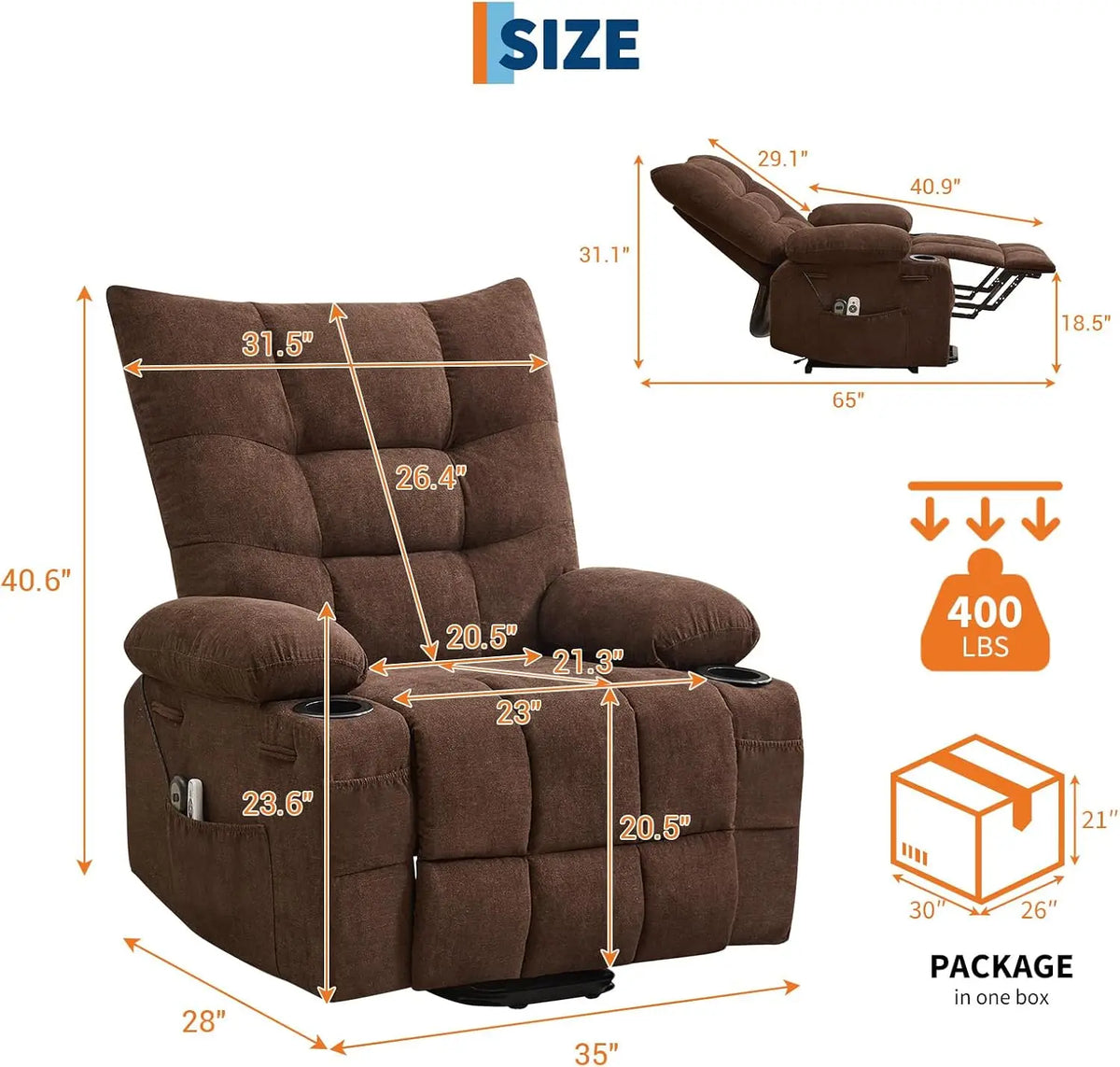 1PC Power Lift Recliner Chair Sofa Massage Recliner Chair for Living Room Extra Wide 57 cm Seat & Wide High Back Linen Upholstery with Side Pocket