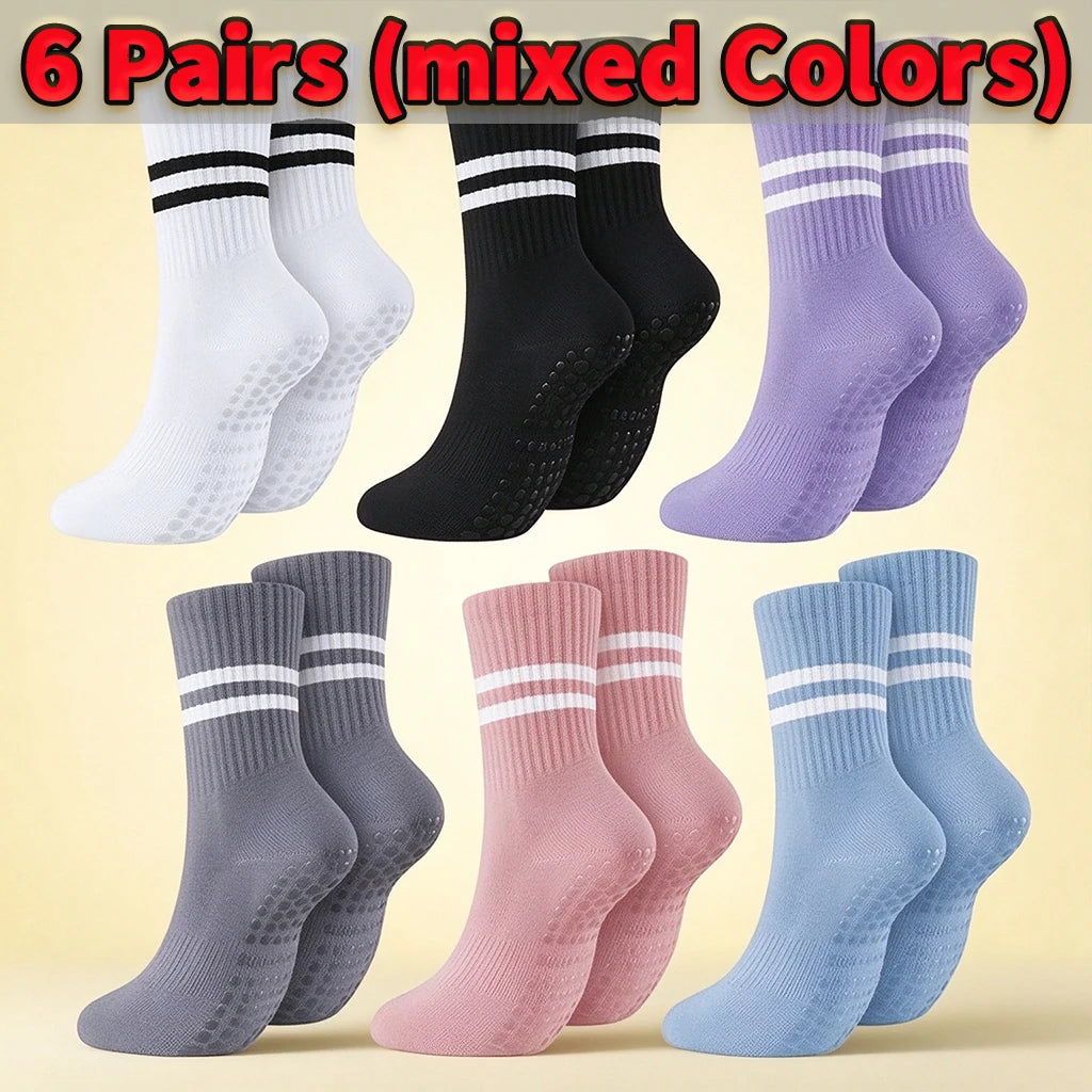 1/3/6 Pairs Non Slip Yoga Socks Women Cotton Mid Tube Grip Socks for Pilates Barre Workout Fitness Hospital Sports Socks